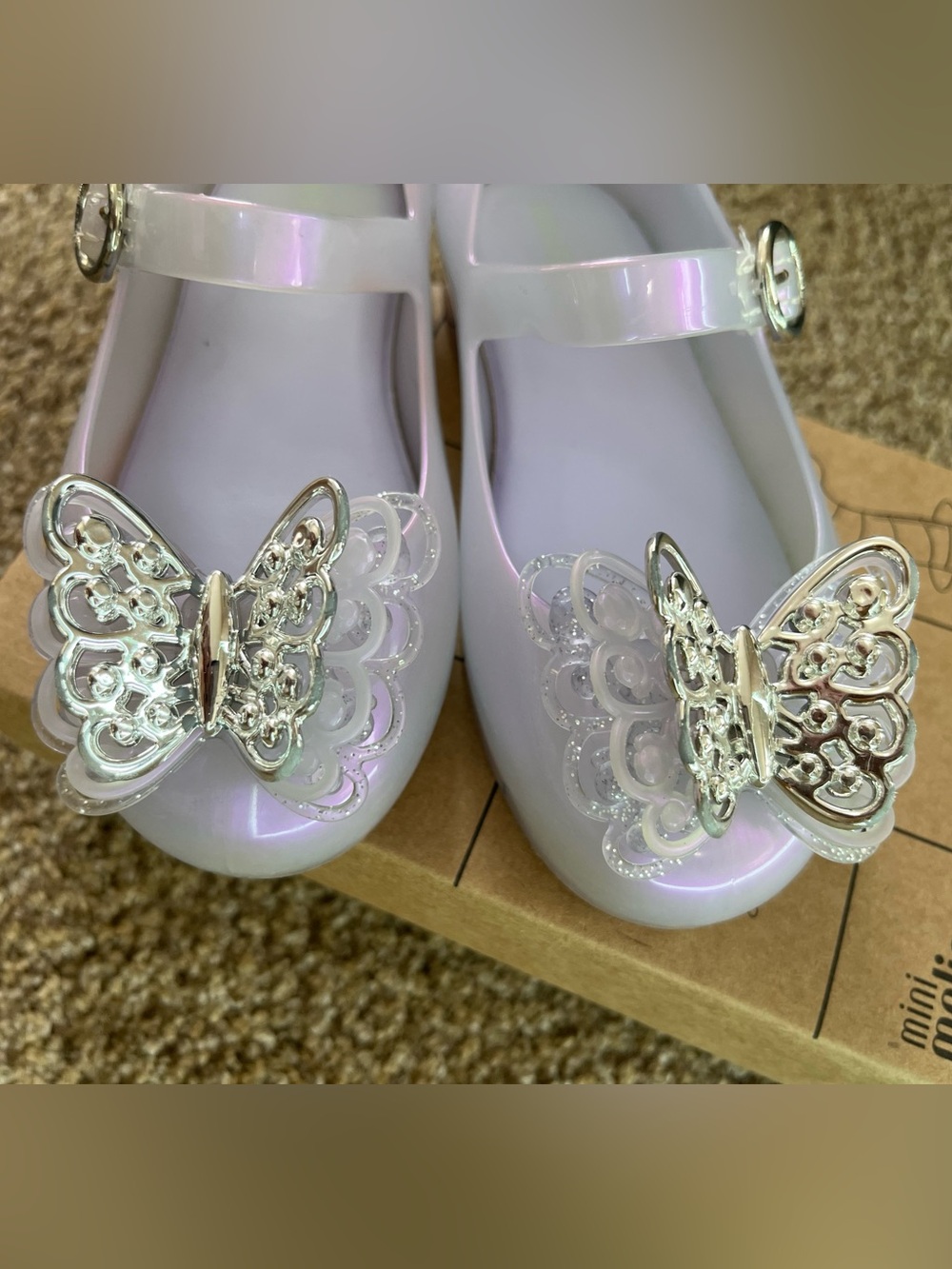 Mini Melissa Iridescent Lavender Mary Janes with Silver Butterfly - Picture 7 of 11